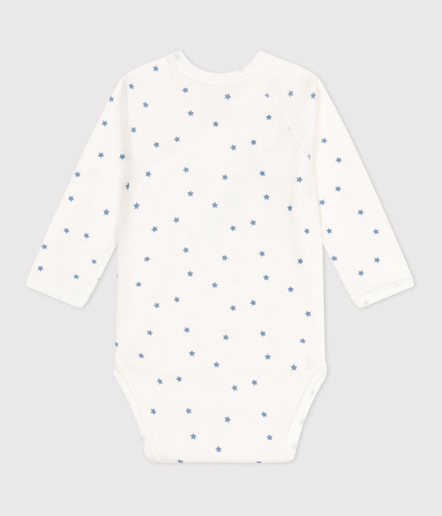 Body crois&eacute;s manches longues en coton b&eacute;b&eacute; blanc/bleu
