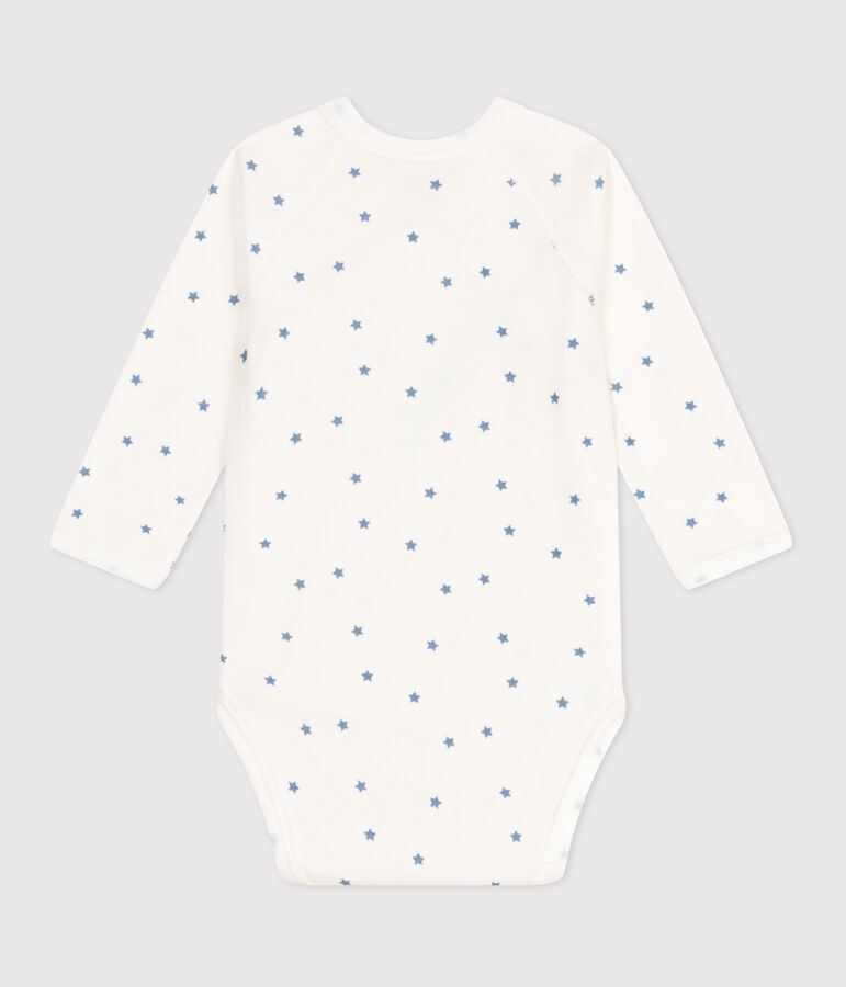 Katoenen overslagbody met lange mouwen voor baby's wit/blauw