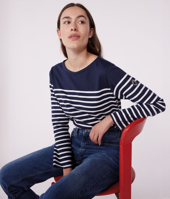 Marinière femme en coton manches longues bleu SMOKING/blanc MARSHMALLOW
