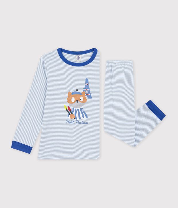 Pyjama enfant en coton &agrave; rayures bleu/blanc