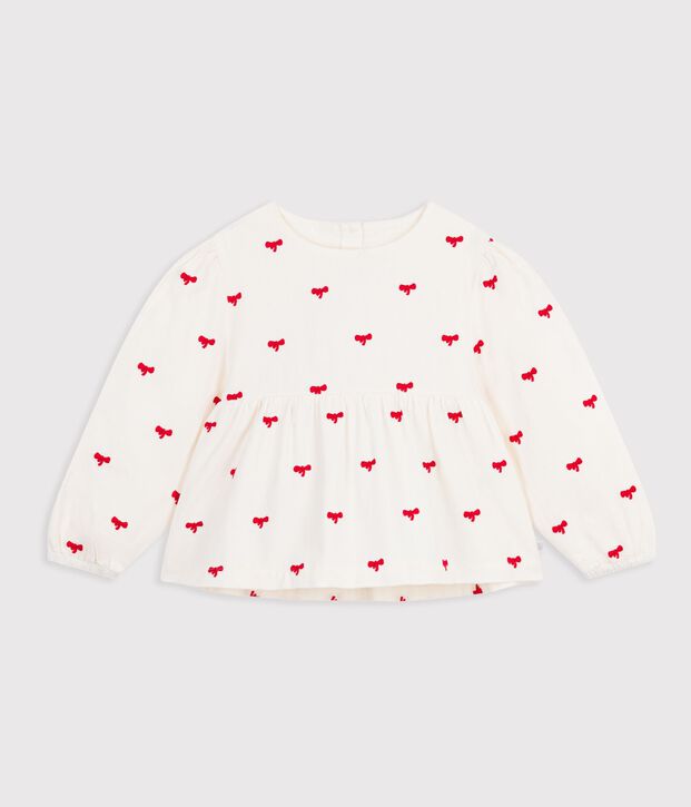 Blouse enfant en coton manches longues imprim&eacute;e n&oelig;uds &eacute;cru/rouge