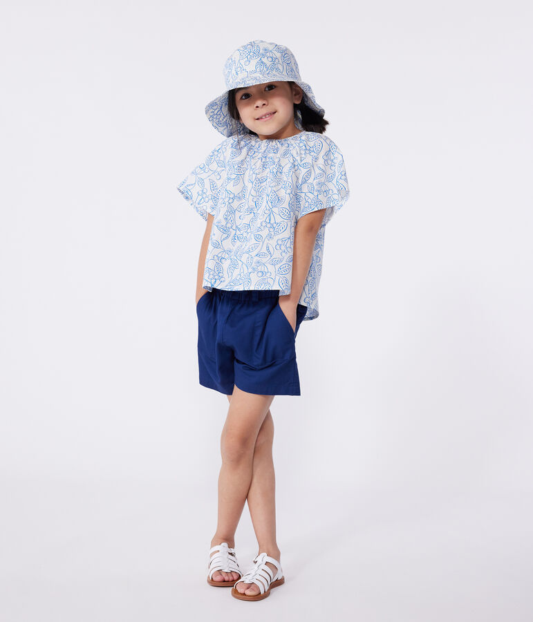 Blouse enfant en coton manches courtes imprim&eacute; cerises blanc/bleu