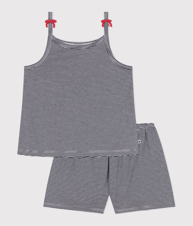 Korte, gestreepte pyjama met bandjes van katoen voor kinderen blauw/wit