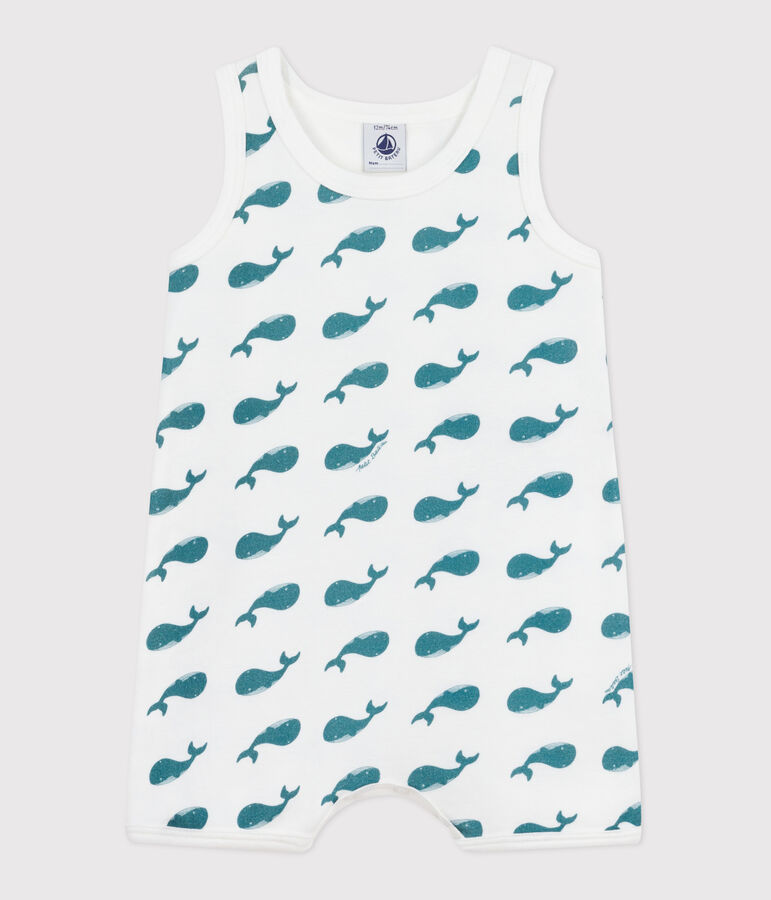 Combinaison courte b&eacute;b&eacute; en coton baleines blanc/vert