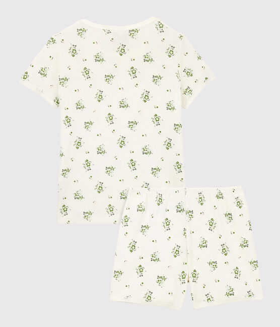 Korte meisjespyjama met bloemen in katoen en linnen wit MARSHMALLOW/wit MULTICO