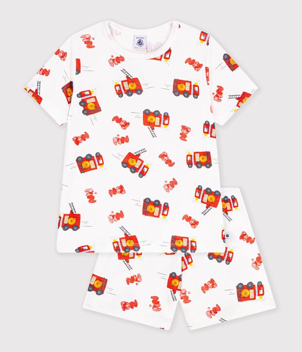 Korte katoenen kinderpyjama met brandweermanprint wit/multicouleur
