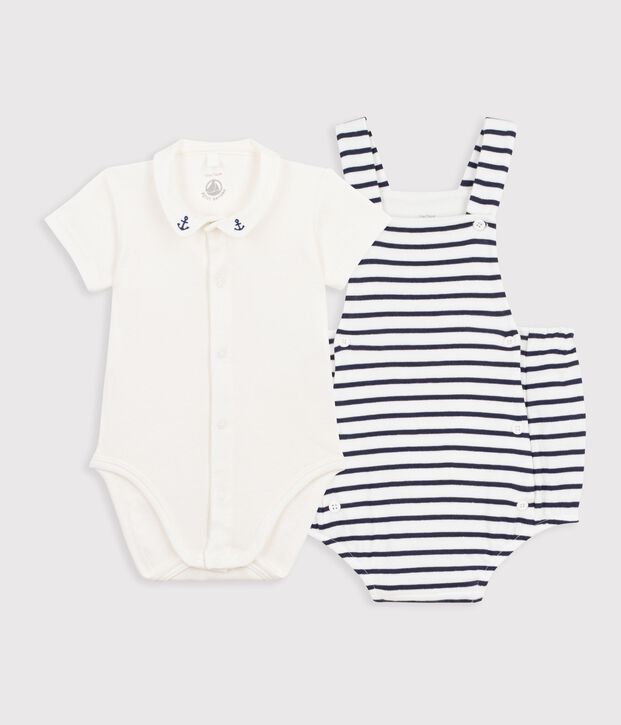 Ensemble 2 pi&egrave;ces b&eacute;b&eacute; en coton ray&eacute; et d&eacute;tails brod&eacute;s blanc/bleu