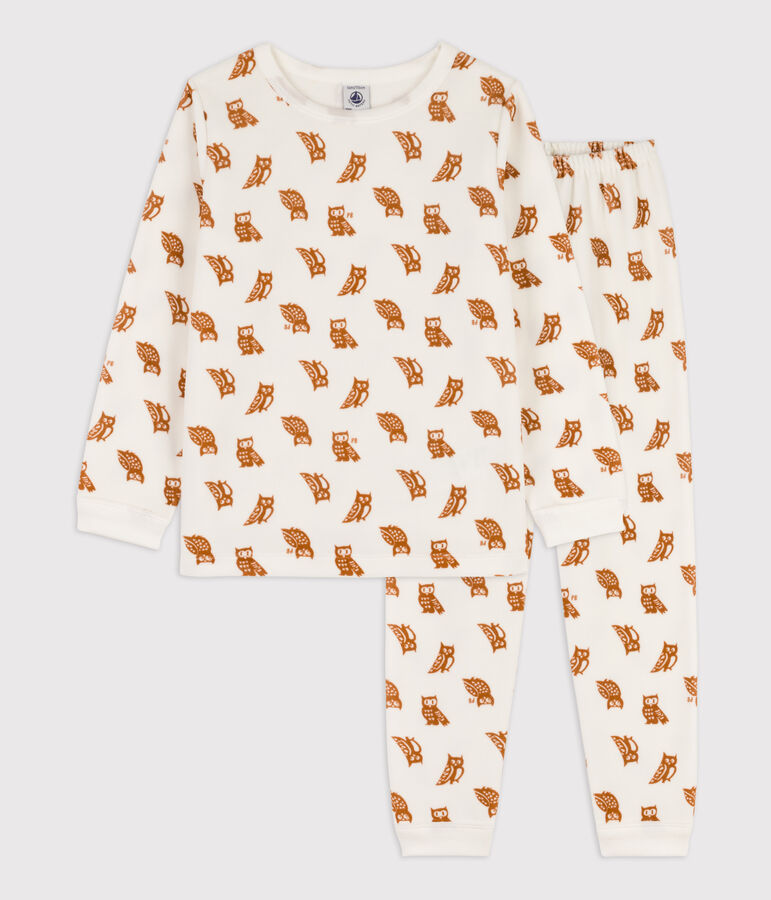 Fluwelen pyjama voor kleine meisjes en jongens wit MARSHMALLOW/ ECUREUIL