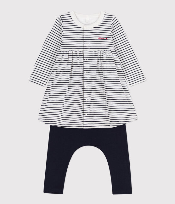 Marinièrejurk en -legging van katoen voor baby's wit MARSHMALLOW/blauw SMOKING