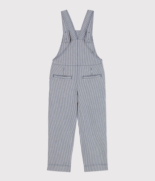 Salopette en toile de coton ray&eacute;e enfant fille bleu/blanc