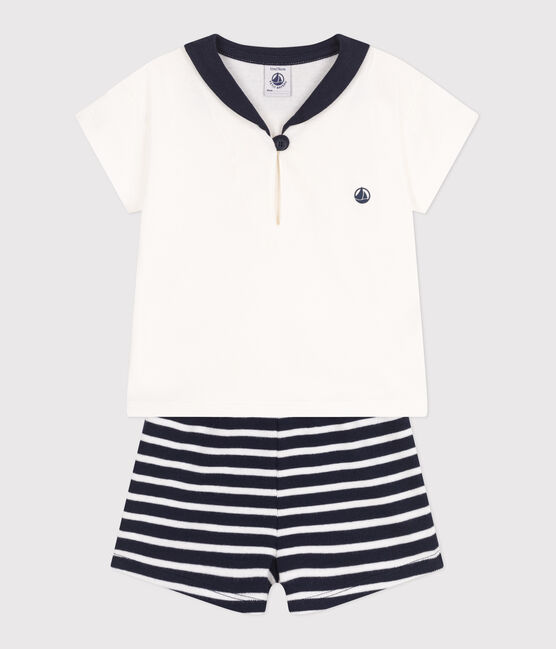 Ensemble bébé deux pièces en coton, t-shirt col vareuse bleu SMOKING/blanc MARSHMALLOW