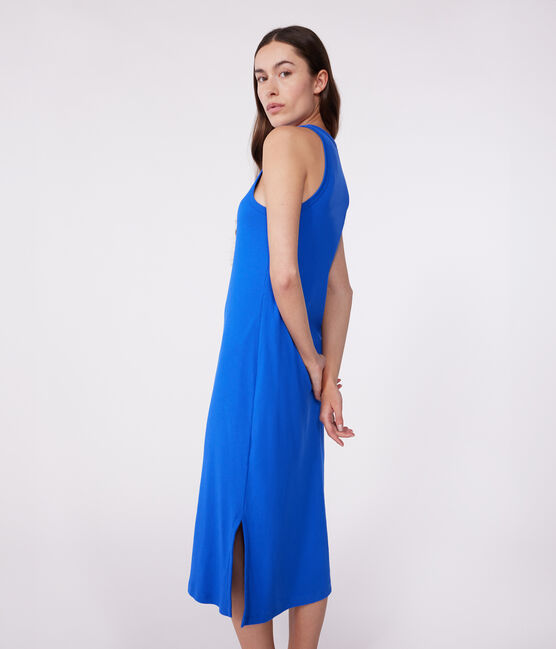 Lange katoenen damesjurk zonder mouwen blauw PERSE