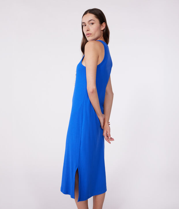 Robe d&eacute;bardeur longue femme en coton bleu