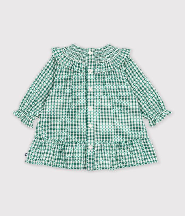 Katoenen babyjurkje met lange mouwen en vichyruitjes groen/wit