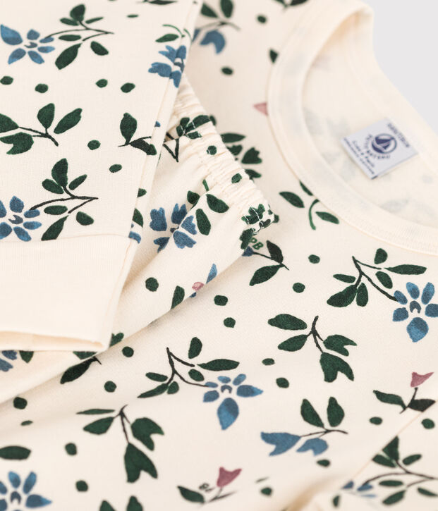 Pyjama fleur petite fille en molleton &eacute;cru/multicouleur