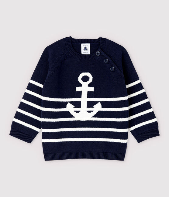 Tricot trui van katoen/linnen voor babyjongens blauw SMOKING/wit MARSHMALLOW