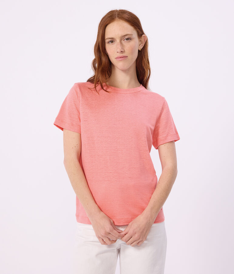 Dames-T-shirt van effen katoen met korte mouwen roze