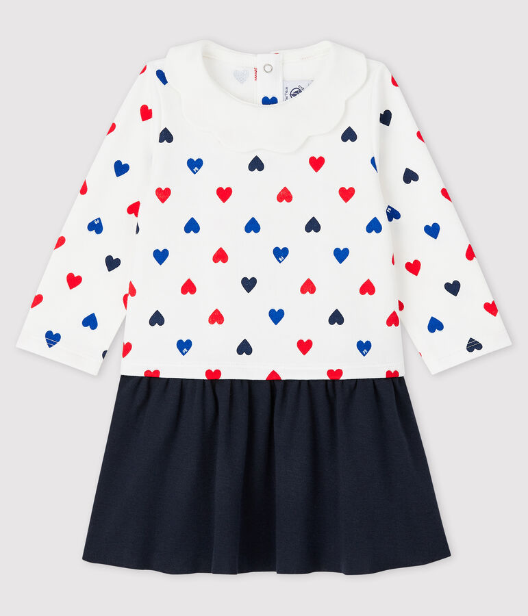 Jurk met lange mouwen babymeisje wit MARSHMALLOW/wit MULTICO