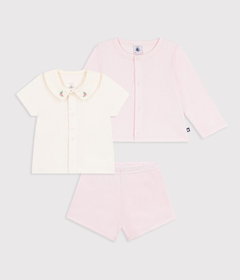 Ensemble 3 pi&egrave;ces b&eacute;b&eacute; en coton avec broderies au col rose