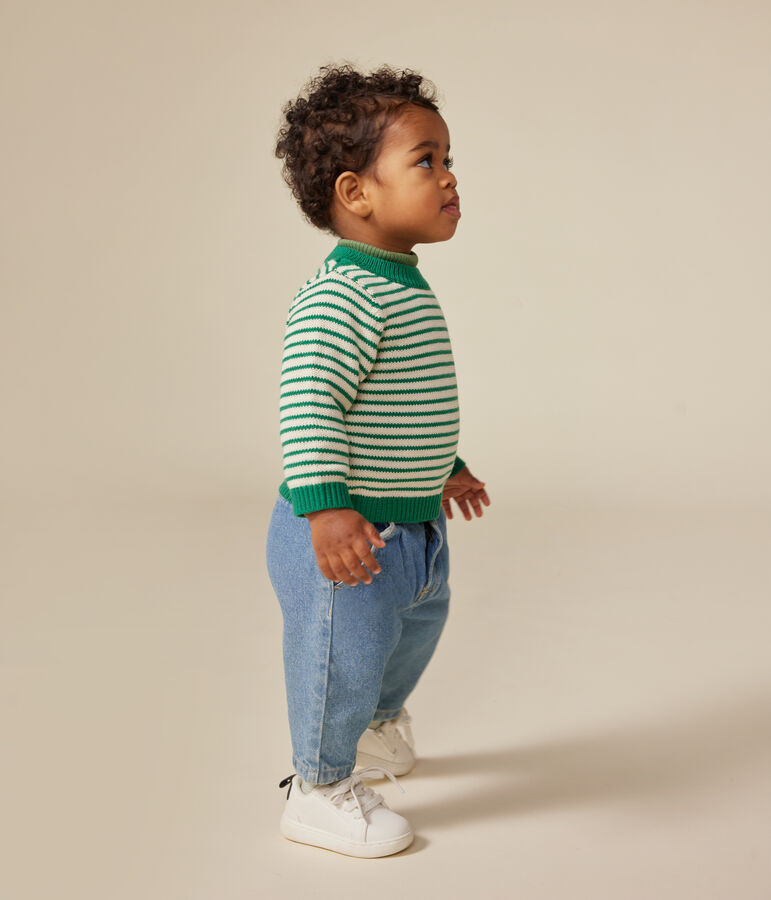 Pull en tricot de laine et coton b&eacute;b&eacute; vert/&eacute;cru