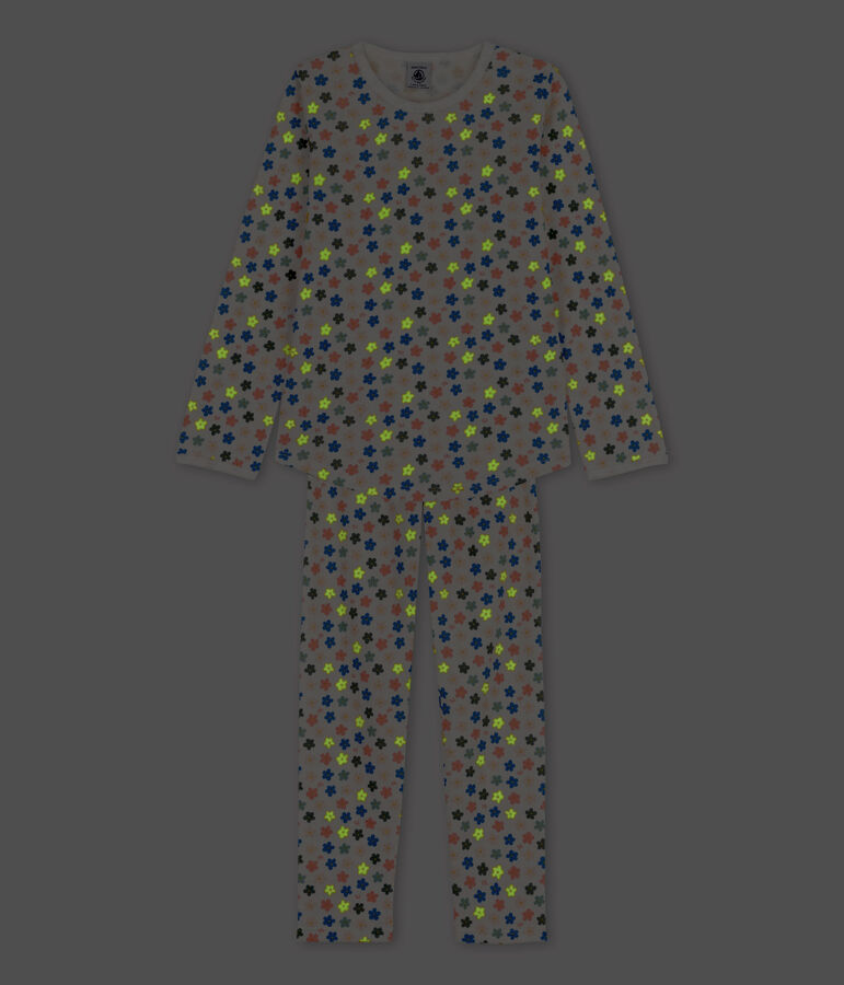 Pyjama fleurs phosphorescentes petite fille en coton blanc/multicouleur