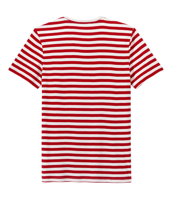 Heren-T-shirt met tweekleurige streepjes rood TERKUIT/wit MARSHMALLOW