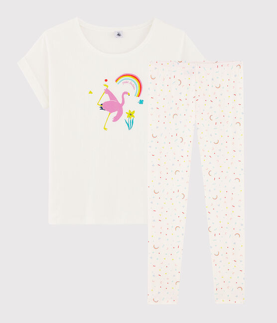 Meisjes-dame pyjama van ribtricot met roze flamingo wit MARSHMALLOW/wit MULTICO