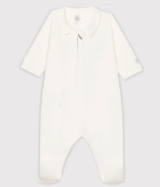 Witte babypyjama van biologisch katoenfluweel met rits wit MARSHMALLOW