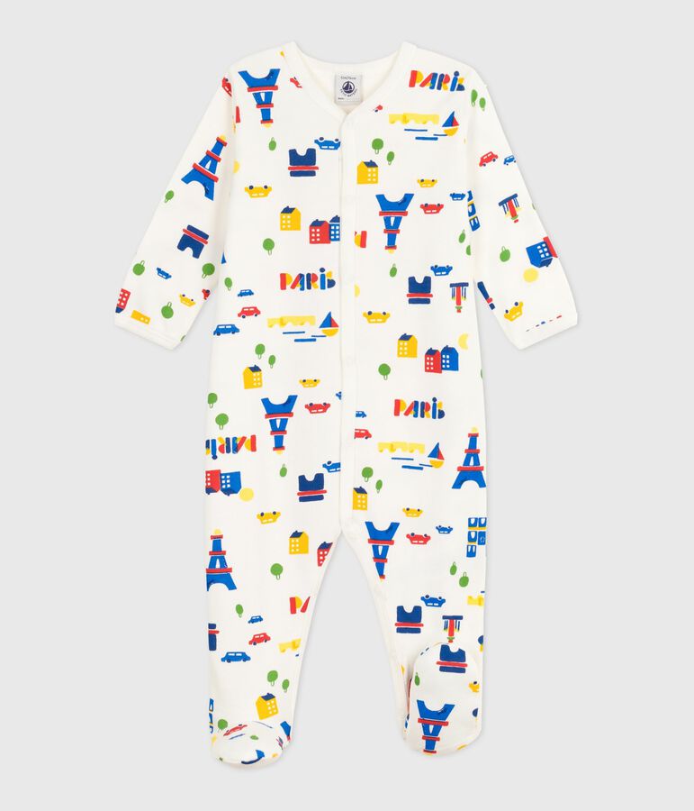 Babypyjama van geruwde fleece met kraag en Parijsprint wit MARSHMALLOW/wit MULTICO