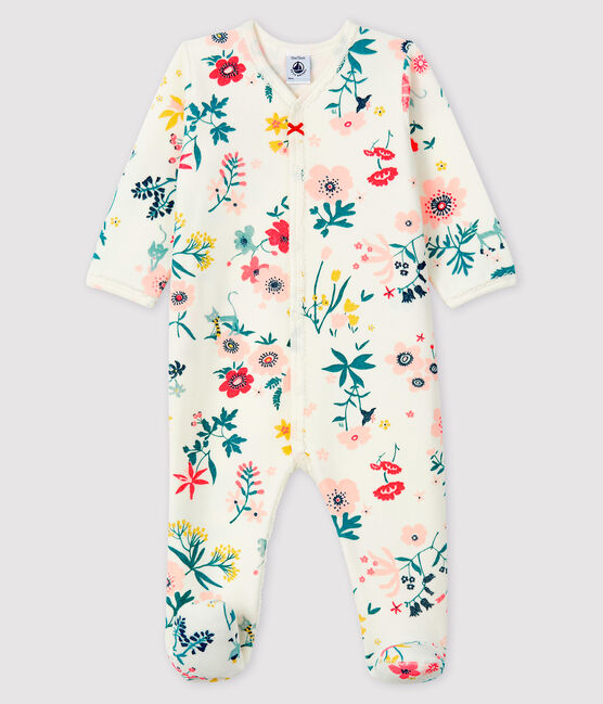 Fluwelen slaappakje met bloemenprint voor baby meisje wit MARSHMALLOW/wit MULTICO
