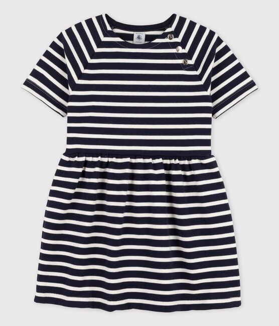 Robe manches courtes en coton enfant fille bleu SMOKING/blanc MARSHMALLOW