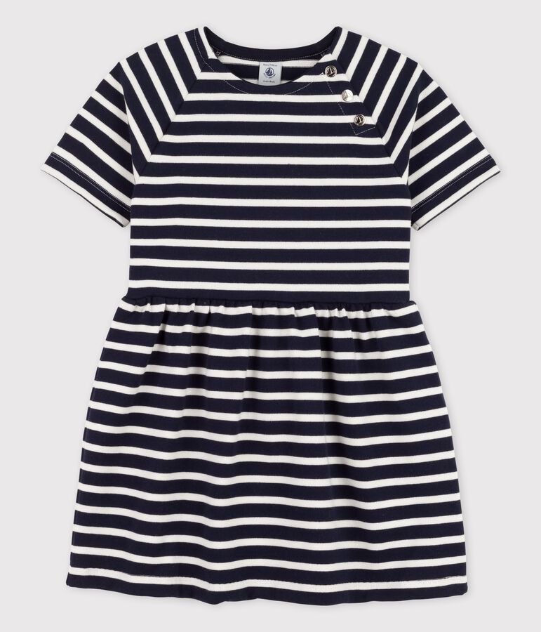 Robe manches courtes en coton enfant fille bleu/blanc