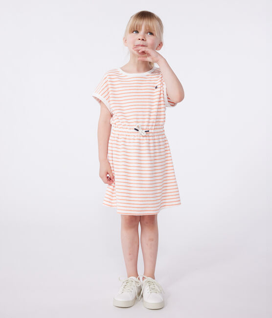 Robe enfant en coton éponge manches courtes à rayures orange MARSHMALLOW/ ABRICOT