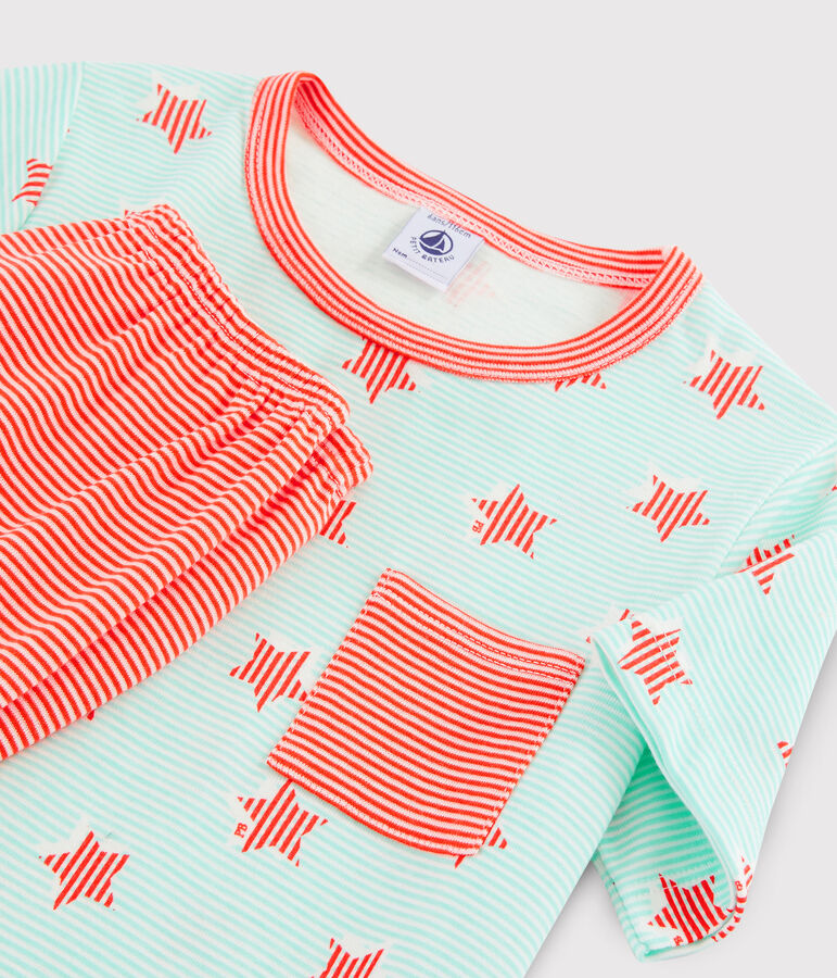 Gestreepte jongenspyjama van ribtricot met sterren wit MARSHMALLOW/wit MULTICO