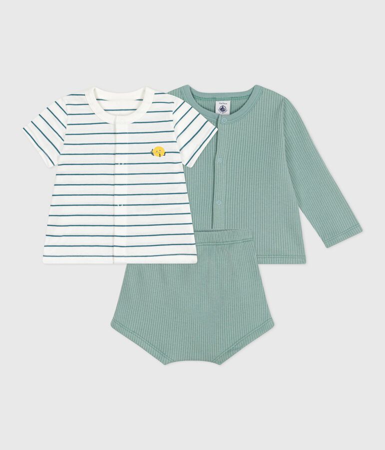 Ensemble naissance trois pi&egrave;ces en coton et t-shirt ray&eacute; citron vert/multicouleur