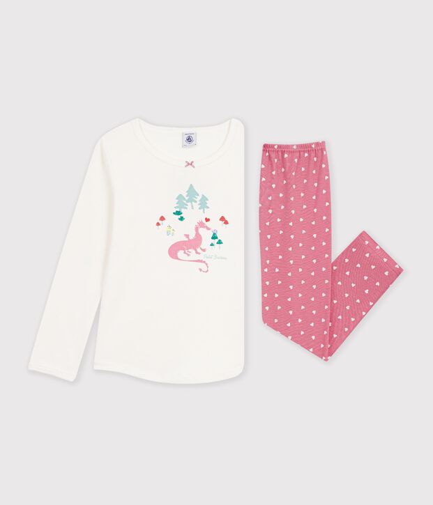 Pyjama enfant en coton &agrave; motif dragons rose/blanc