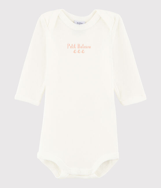 Rompertje lange mouwen babymeisje wit MARSHMALLOW/roze PATIENCE