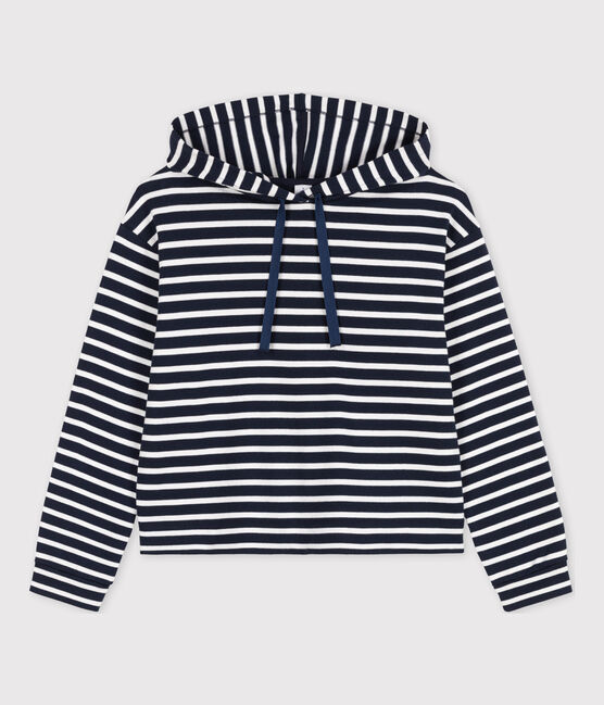 Damessweater met kap in katoen blauw SMOKING/wit MARSHMALLOW