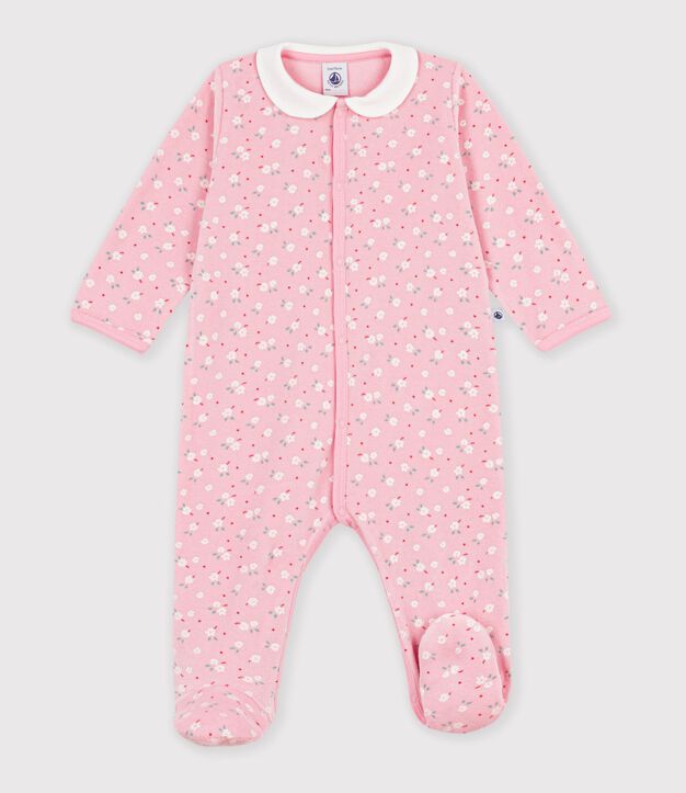 Babypyjama van fluweel met kraagje en bloemenprint roze/multicouleur