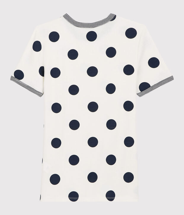 T-shirt col rond &agrave; pois en coton  Femme blanc/bleu