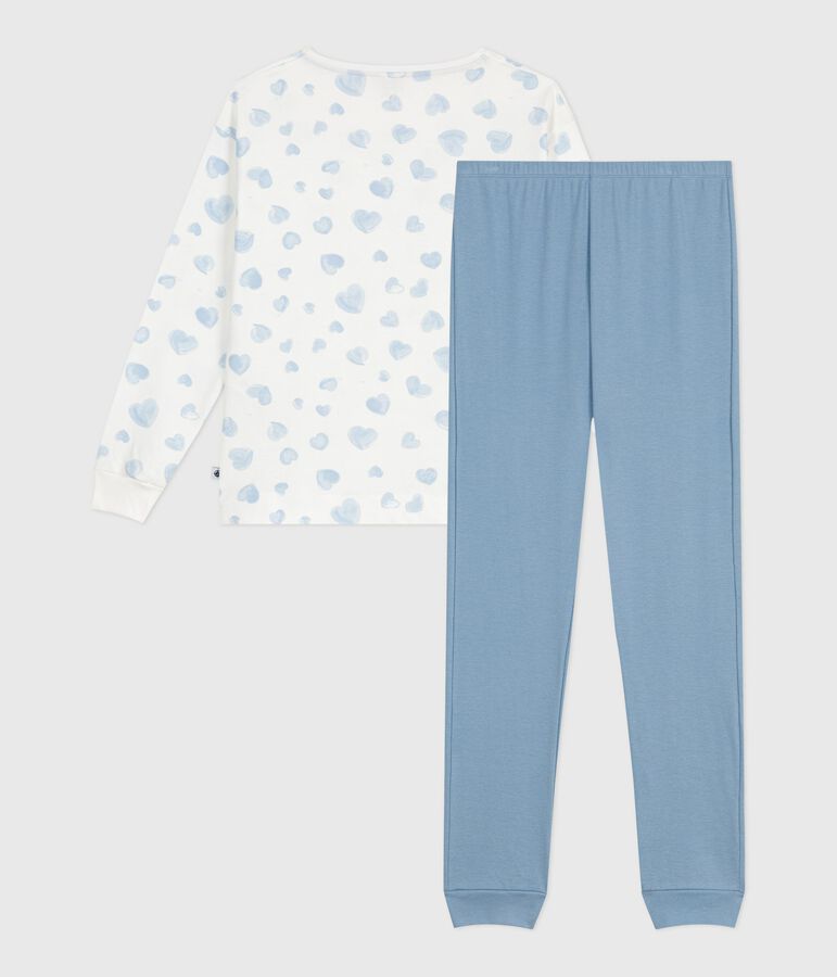 Pyjama femme en coton bi-mati&egrave;re imprim&eacute; c&oelig;urs bleu/multicouleur