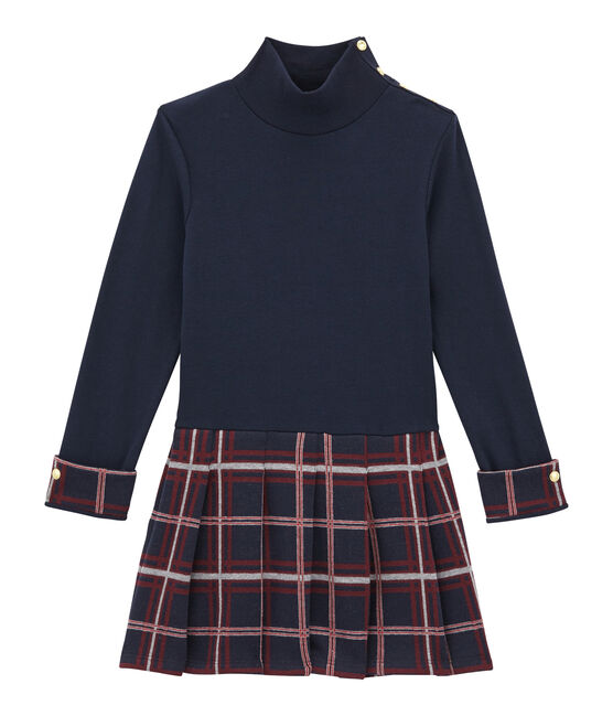 Robe col roulé bi-matière enfant fille bleu SMOKING/blanc MULTICO