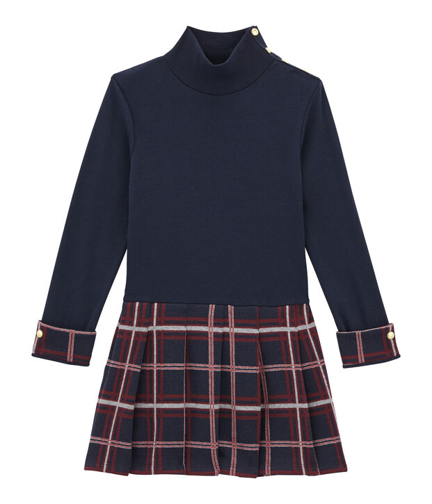Meisjesjurk met rolkraag in 2 stoffen blauw/multicouleur