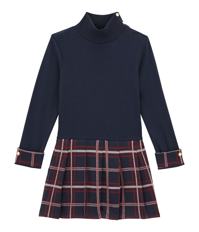 Robe col roul&eacute; bi-mati&egrave;re enfant fille bleu SMOKING/blanc MULTICO