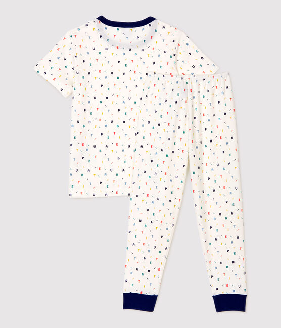 Pyjama à manches courtes imprimé lettres multicolores petit garçon en coton biologique blanc MARSHMALLOW/blanc MULTICO