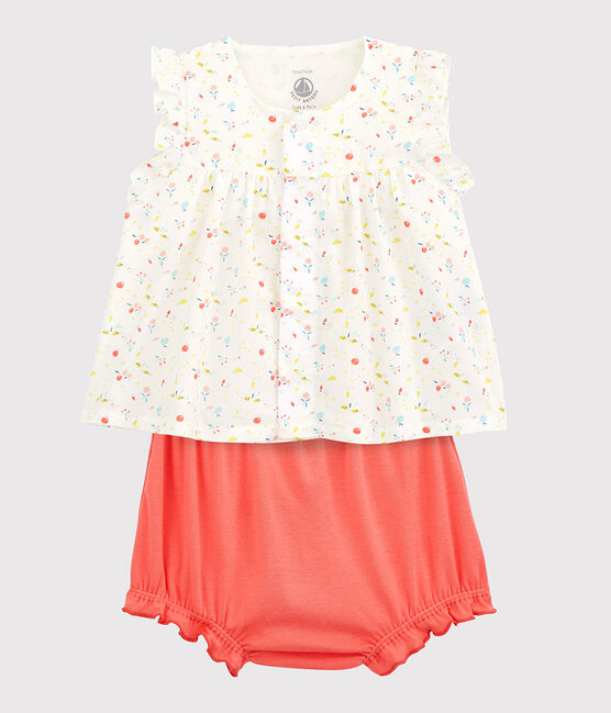 Ensemble 2 pièces fleuri bébé fille en chaîne et trame et  coton biologique blanc MARSHMALLOW/blanc MULTICO