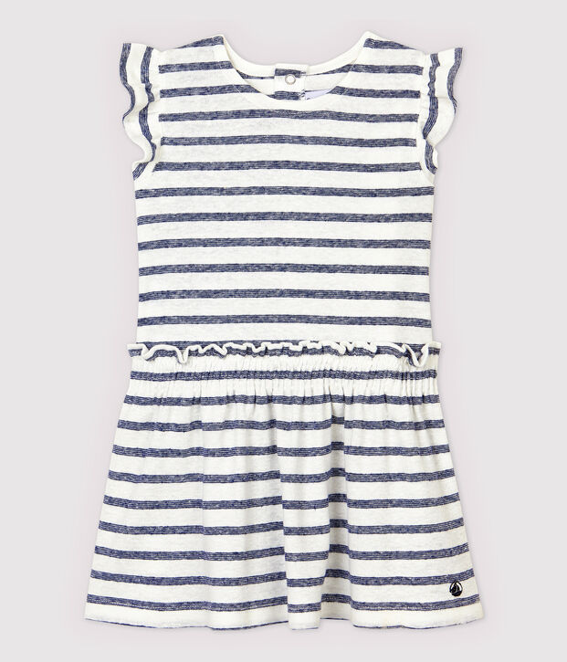 Robe manches courtes en coton/lin ray&eacute; b&eacute;b&eacute; fille blanc/bleu