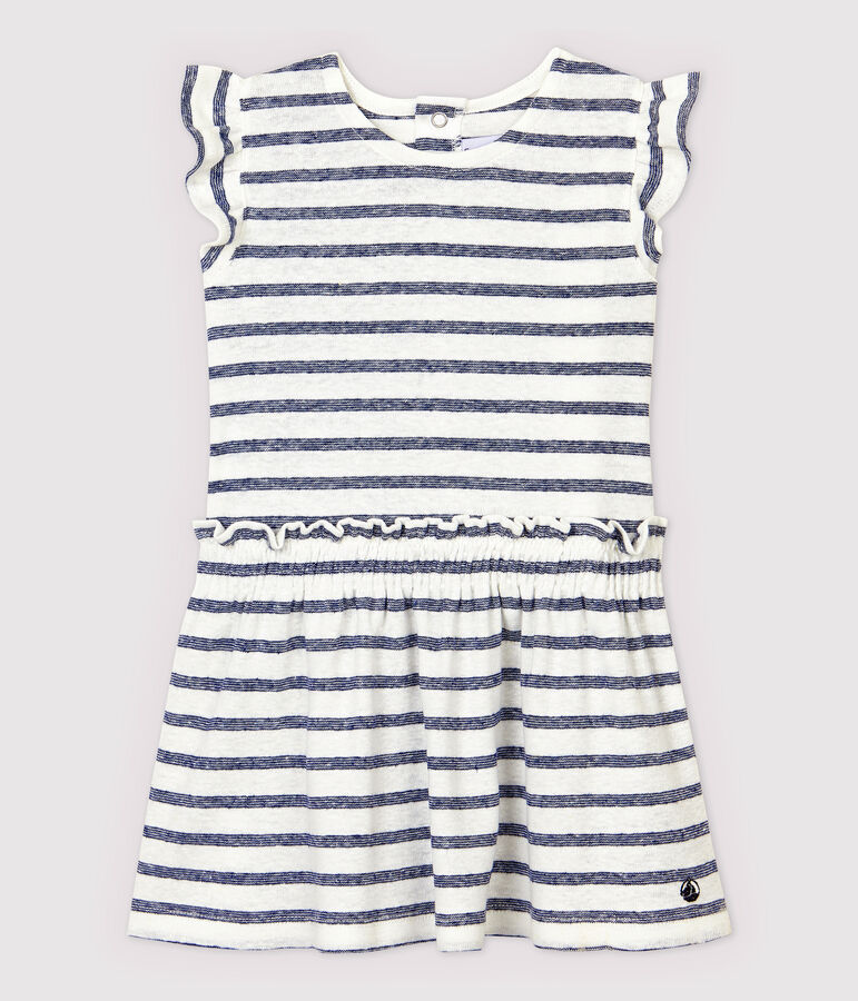 Robe manches courtes en coton/lin ray&eacute; b&eacute;b&eacute; fille blanc/bleu