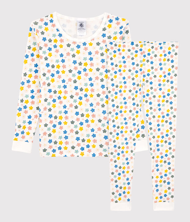 Pyjama snugfit fleurs r&eacute;tro phosphorescent petite fille en coton blanc/multicouleur