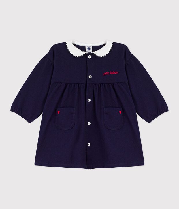 Robe b&eacute;b&eacute; en coton manches longues unie &agrave; col et d&eacute;tails brod&eacute;s bleu marine